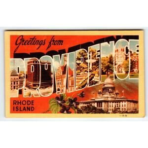 Greetings From Providence Rhode Island Large Big Letter Postcard Linen Dexter